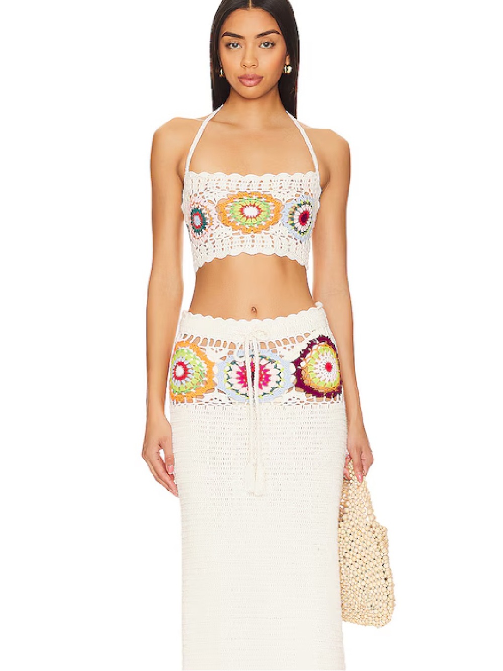 New Fashion Nova Outfit Brown Crochet Two-Piece Colorful Floral Outfit Large